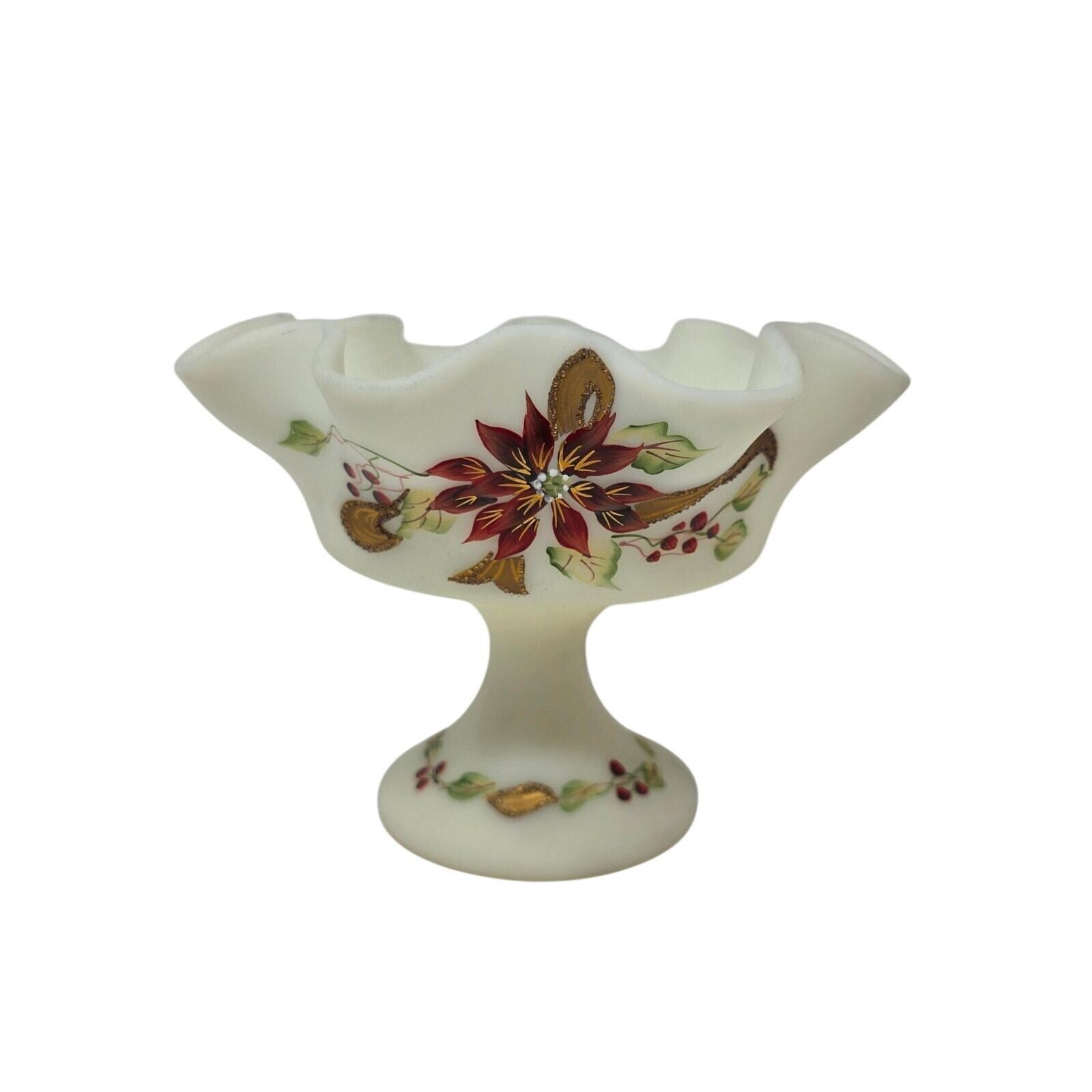 Fenton Hand Painted Poinsettia Satin Glass Compote Signed USA