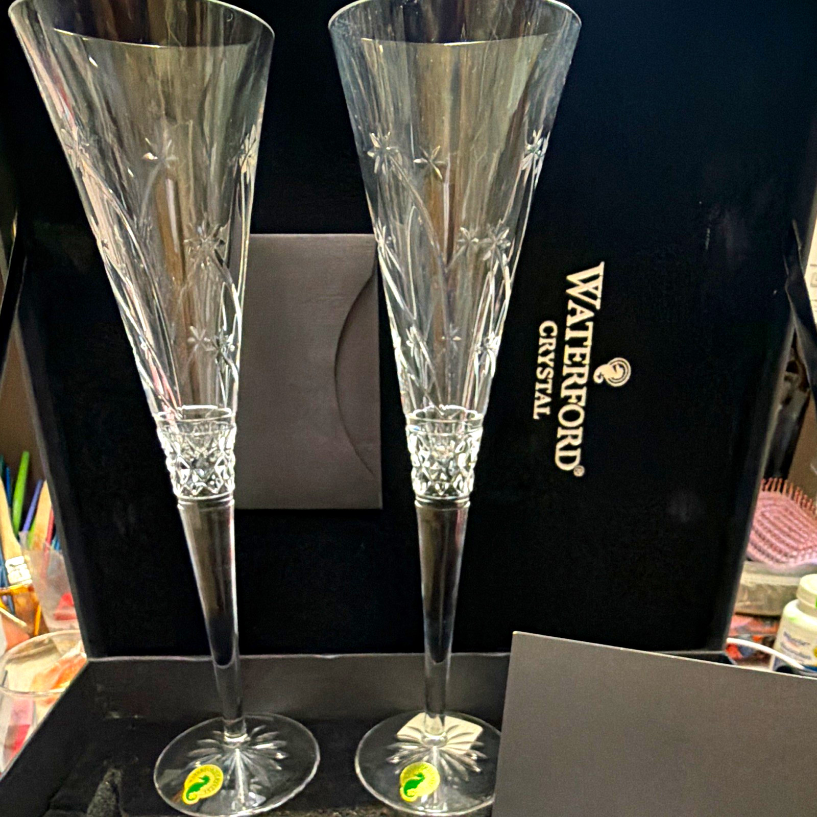 Waterford Wishes Believe Champagne Flutes Pair Clear Crystal Cut Stemmed Set Waterford Wishes Believe Champagne Flutes Pair Clear Crystal Cut Stemmed Set