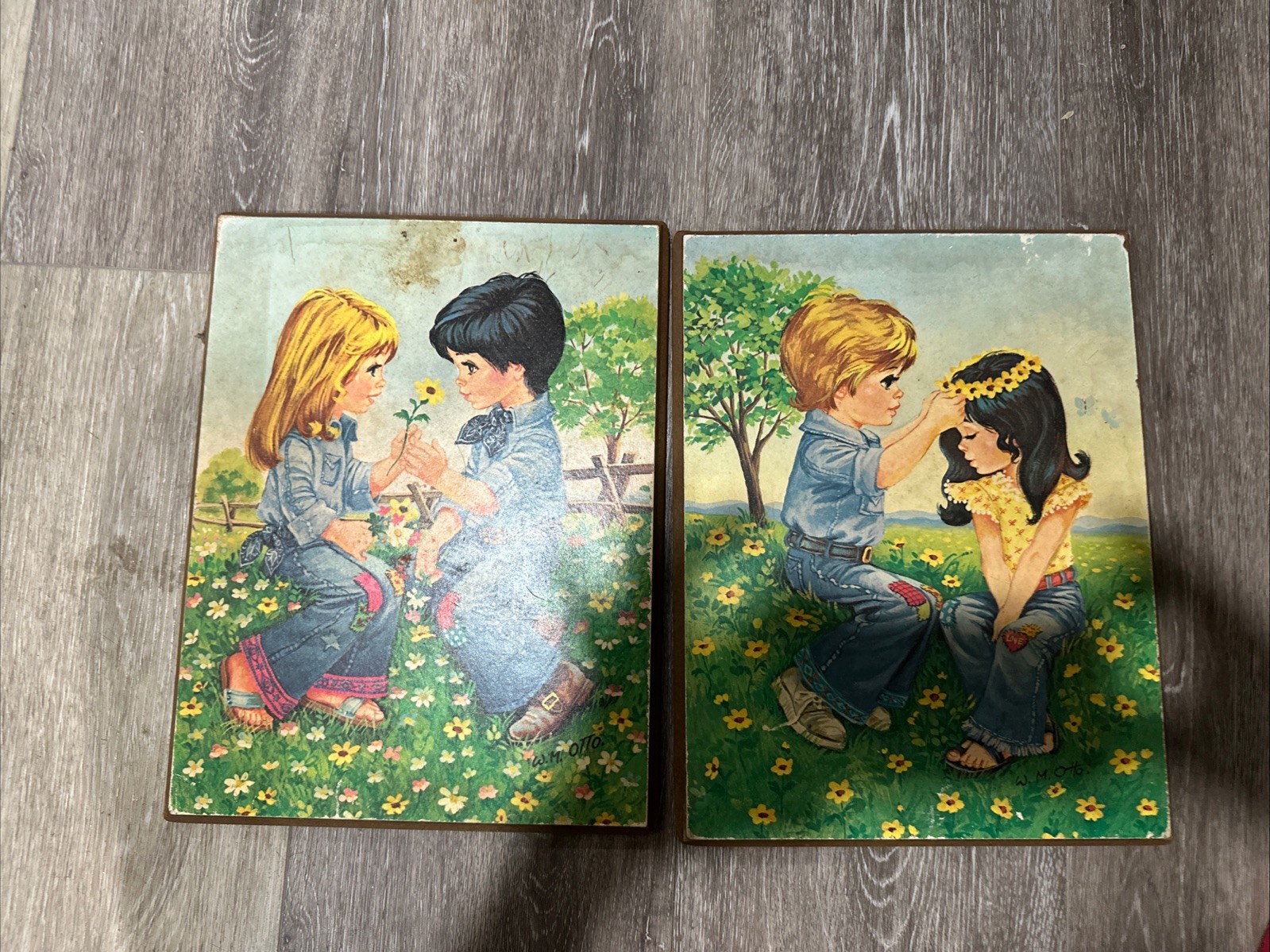 Pair Vintage 1970s W.M. Otto Plaques Flower Power Hippie Kids Denim Daisy G &B Pair Vintage 1970s W.M. Otto Plaques Flower Power Hippie Kids Denim Daisy G &B