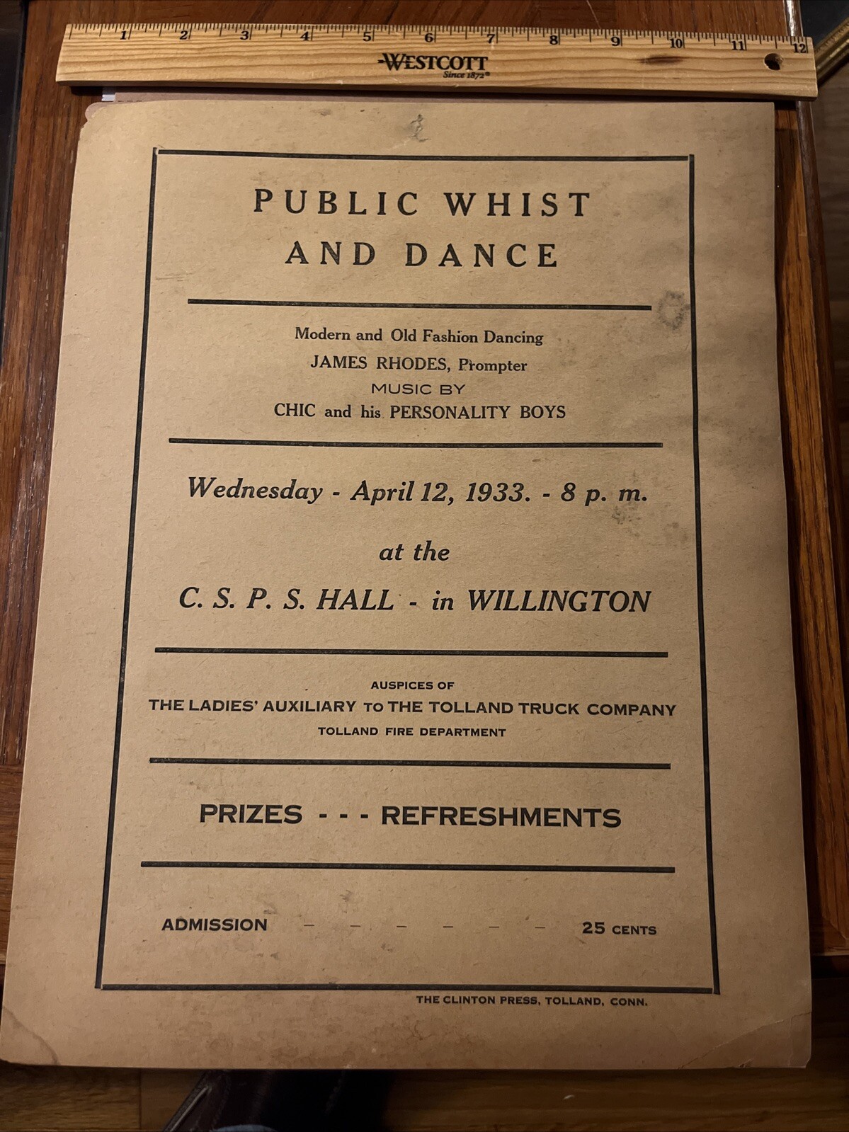 1933 Willington Connecticut Public Whist & Dance Advertising Placard CT History