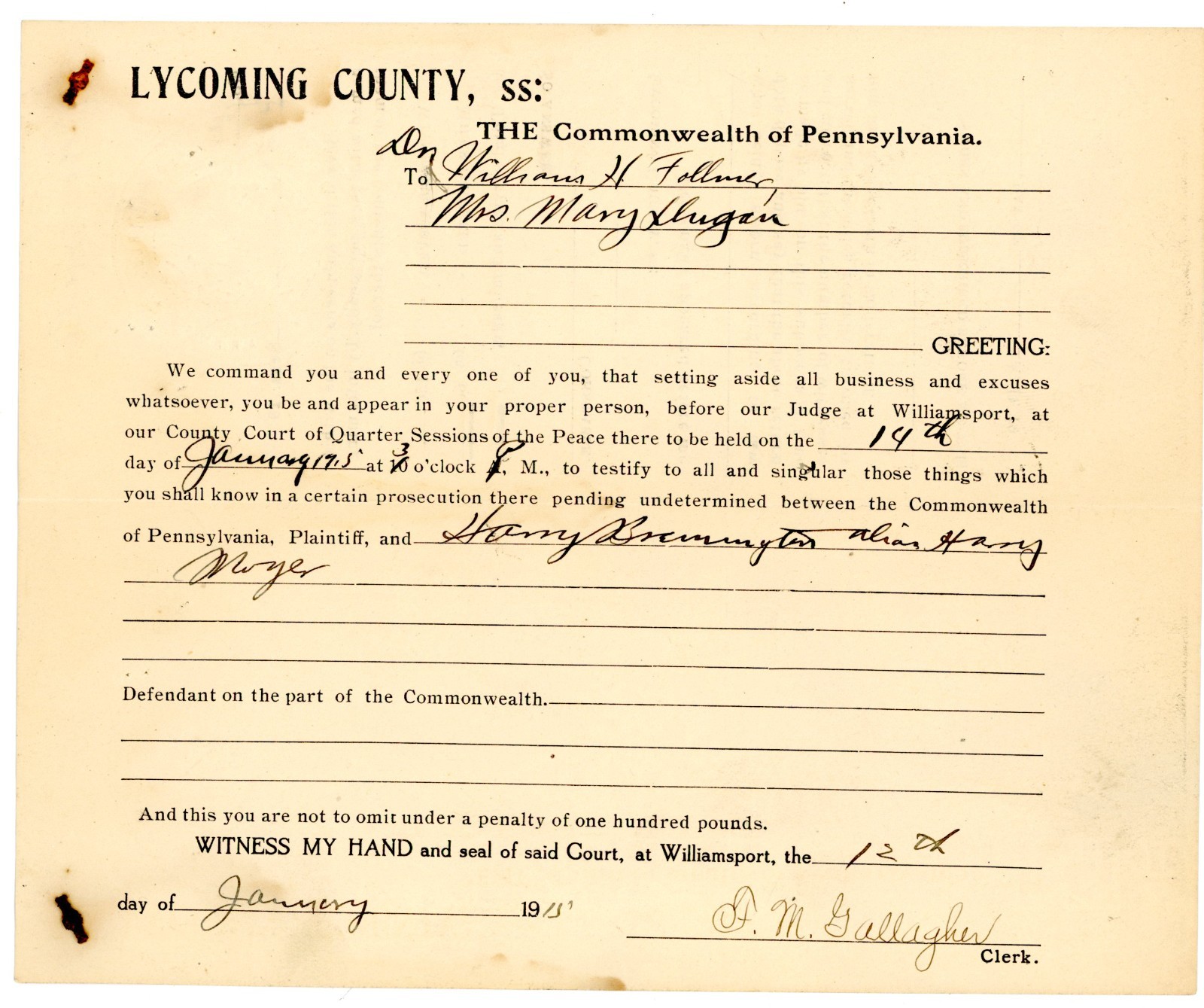 1895 Lycoming County, PA Court Subpoena for Witnesses in Juvenile Case 1895 Lycoming County, PA Court Subpoena for Witnesses in Juvenile Case
