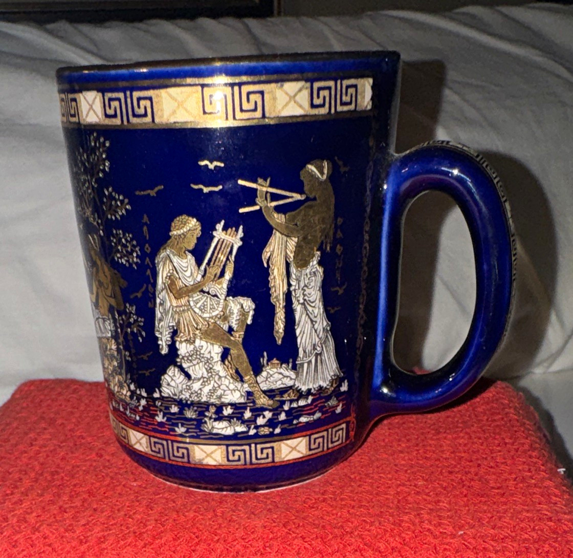 Greek Souvenir Blue & Gold Ceramic Mug with Ancient Greek Classical Scene Greek Souvenir Blue & Gold Ceramic Mug with Ancient Greek Classical Scene