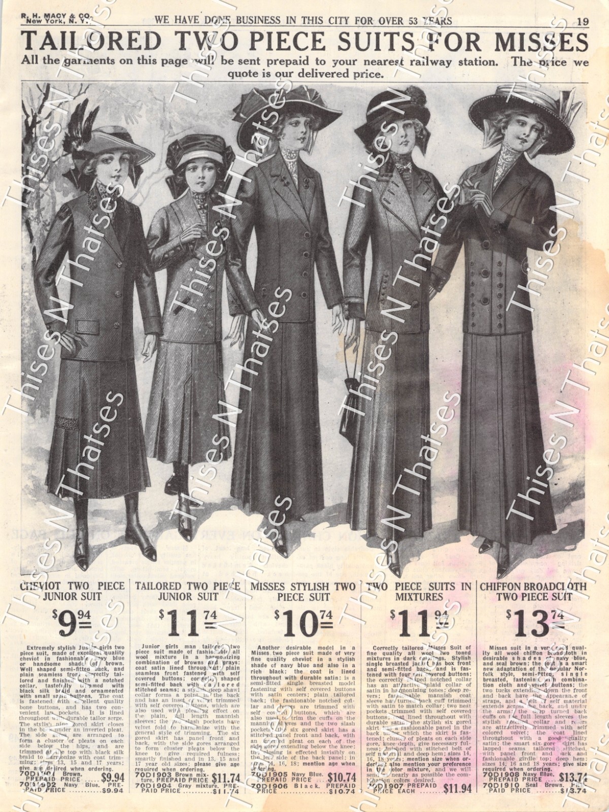 Vtg Paper Ad Misses Junior Two-Piece Suits Long Coats Edwardian 1911 Macy\'s Vtg Paper Ad Misses Junior Two-Piece Suits Long Coats Edwardian 1911 Macy\'s