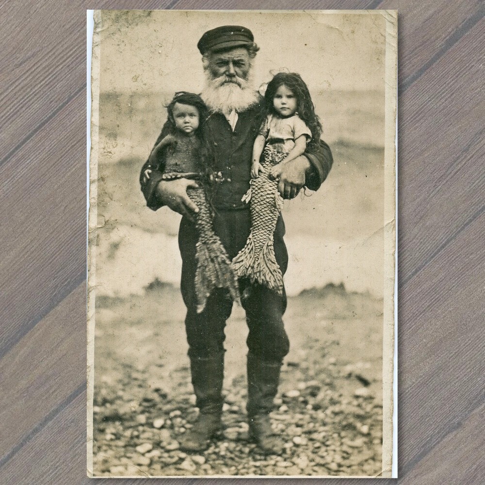 POSTCARD Old Sailor Bearded Fisherman Holding Two Mermaid Girls Beach Fantasy POSTCARD Old Sailor Bearded Fisherman Holding Two Mermaid Girls Beach Fantasy