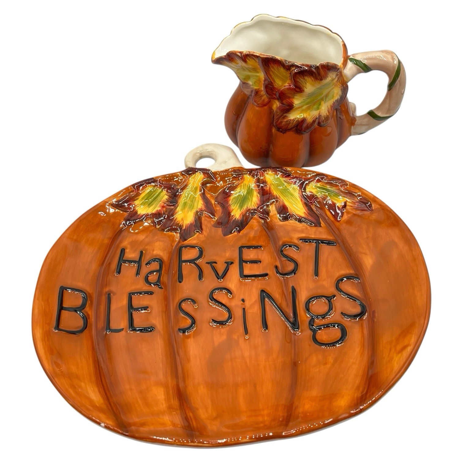 Harvest Spice Thanksgiving Blessings Ceramic Pumpkin Platter & Gourd Gravy Boat