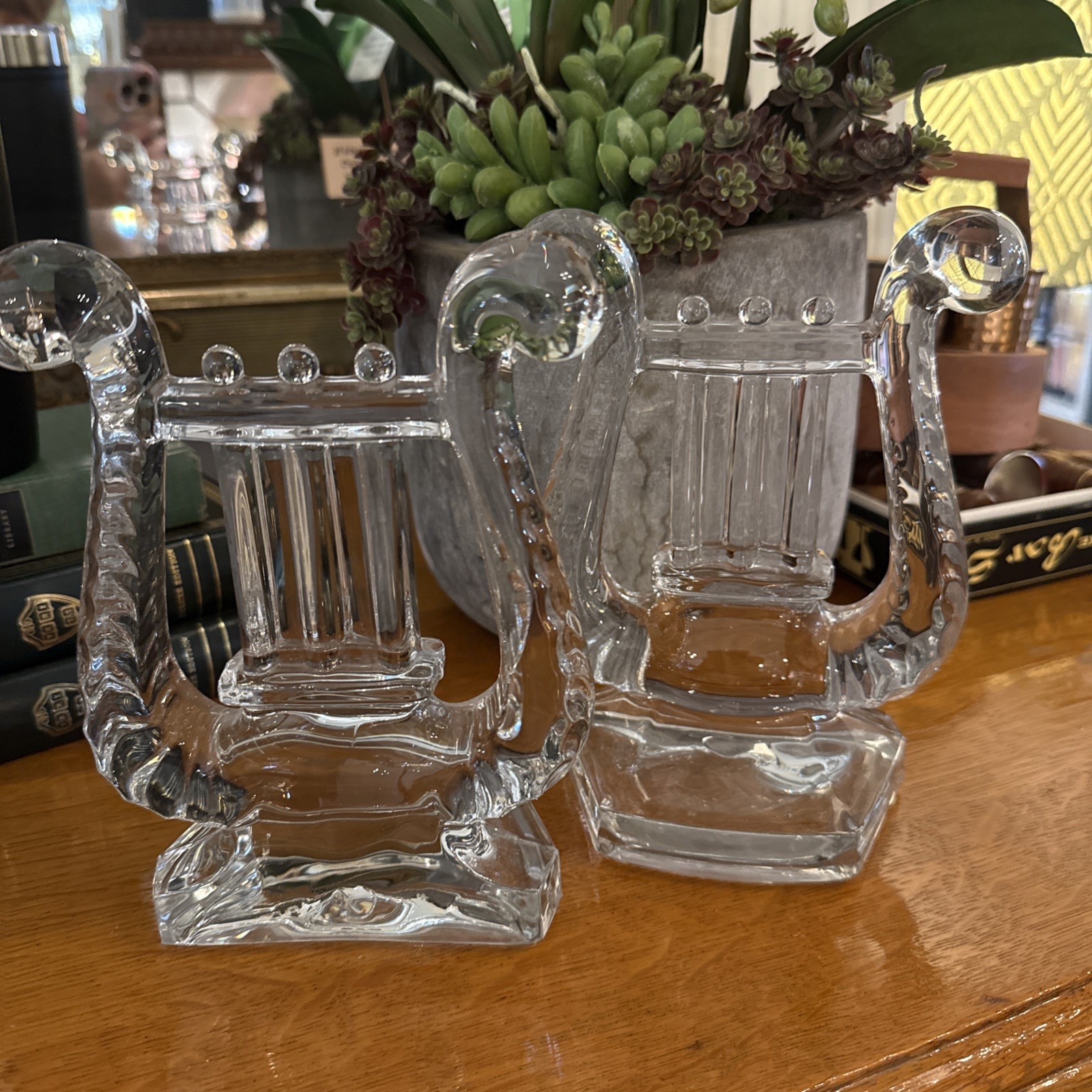 VINTAGE 2 FOSTORIA GLASS HARP DESIGN BOOKENDS LYRE 