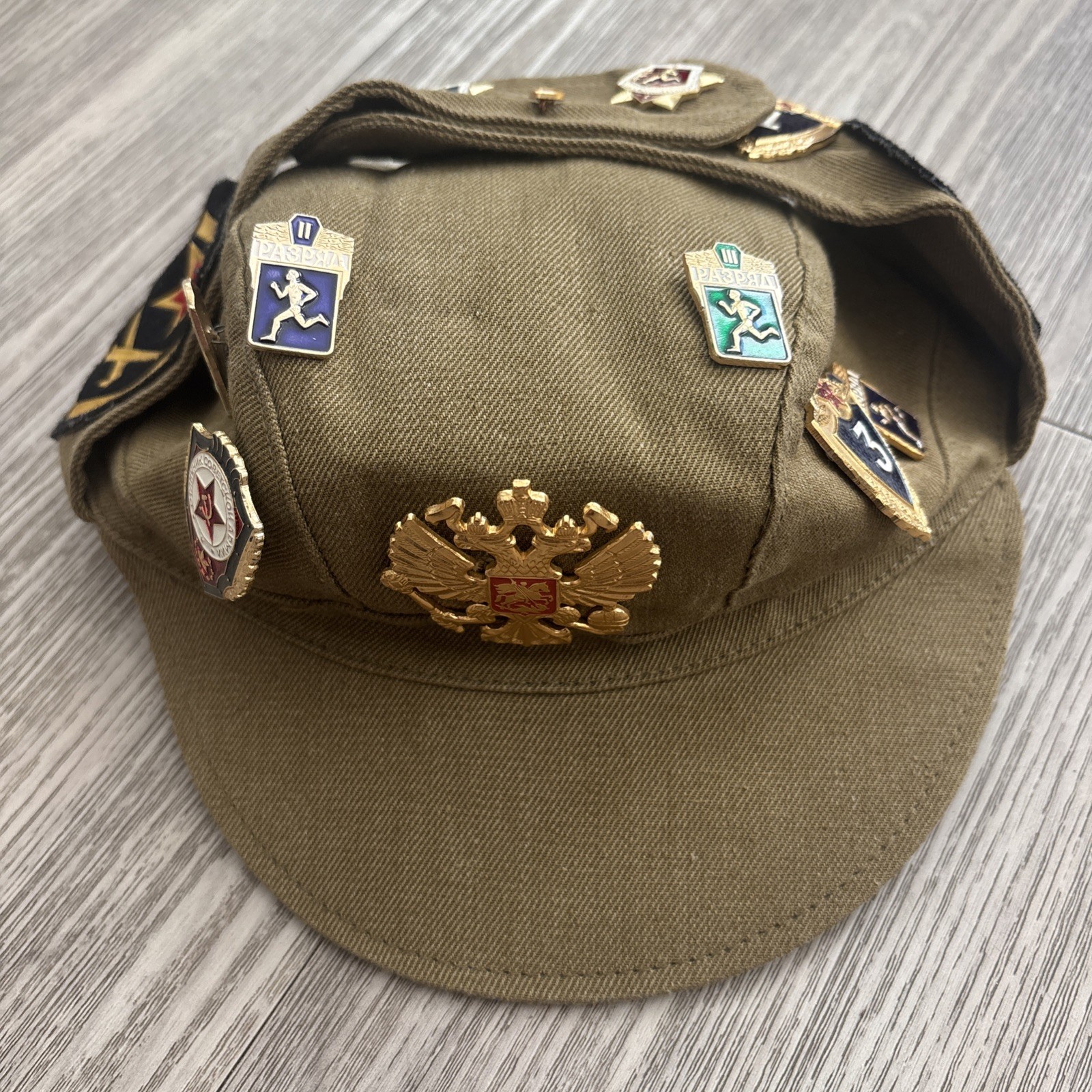 Vintage Soviet Union Russian Military Hat with Pins