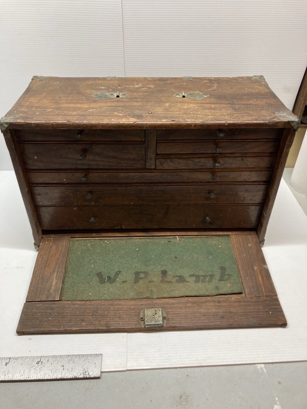 Antique Vintage Machinist Oak Tool Chest, 8 Drawer No Key