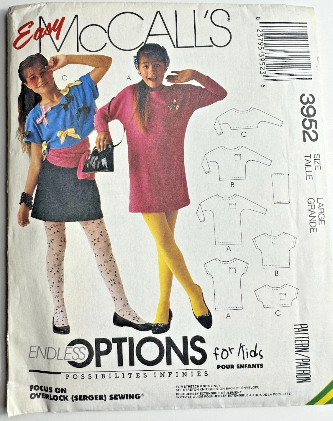 McCall\'s 3952 UNCUT Vintage 1988 Girls Knit Dress Top Cowl Sewing Pattern Large