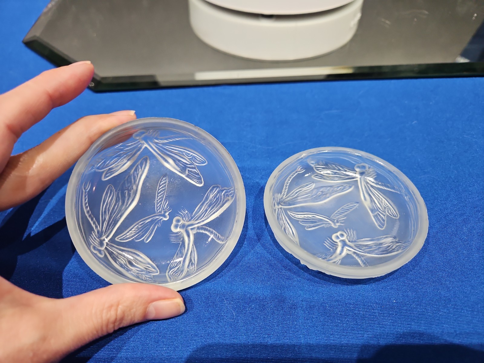 (2) Butter Pats / Salt Dip Bowl Cellars , vintage glass Dragonfly Verlys France