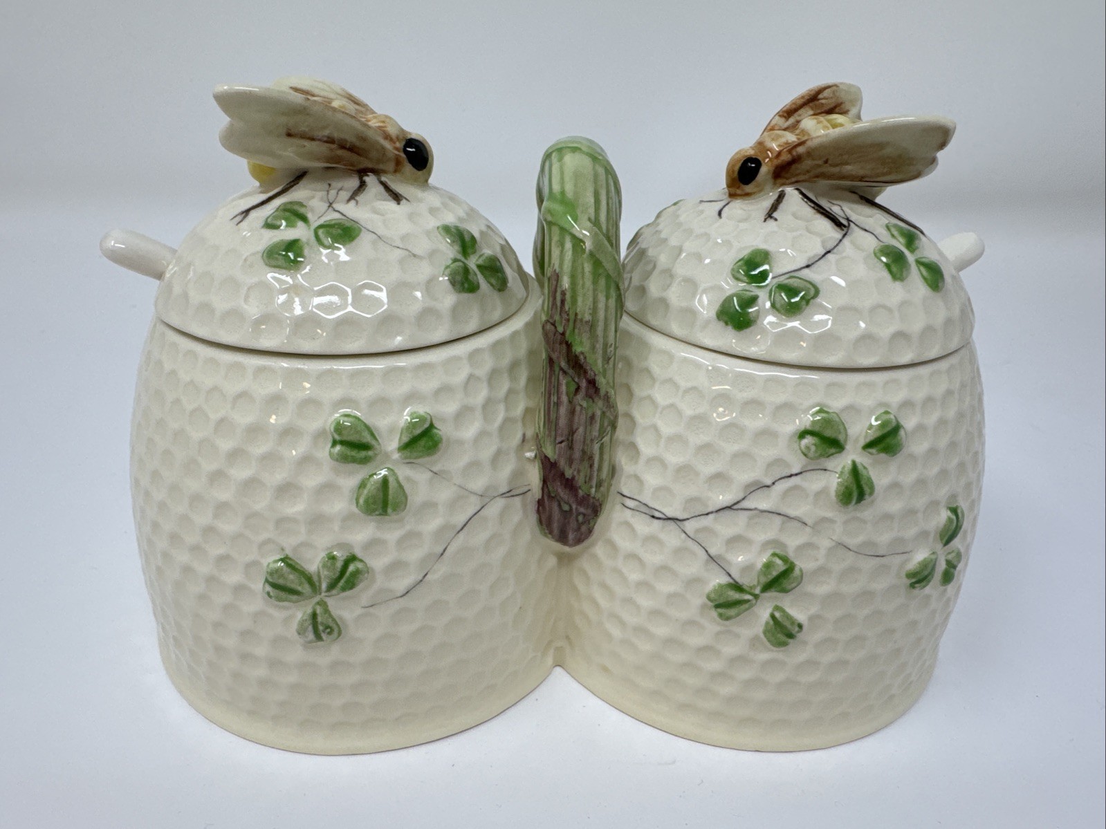Belleek Style Honey Bee Double Lid Container Clover Porcelain Vtg Japan Belleek Style Honey Bee Double Lid Container Clover Porcelain Vtg Japan
