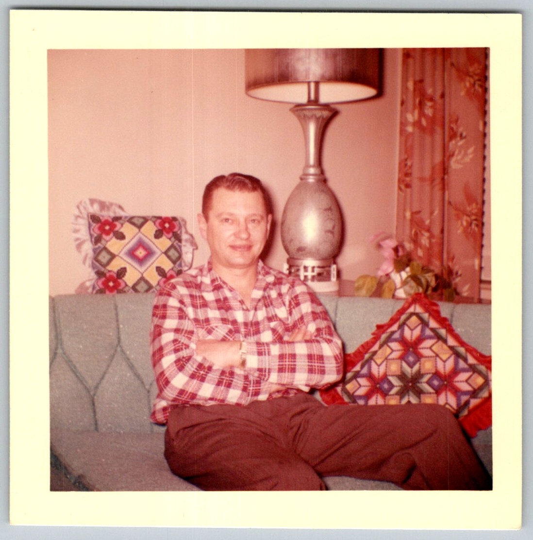Vtg Color Snapshot Man Plaid Shirt Arms Crossed Retro Living Room Lamp Pillow