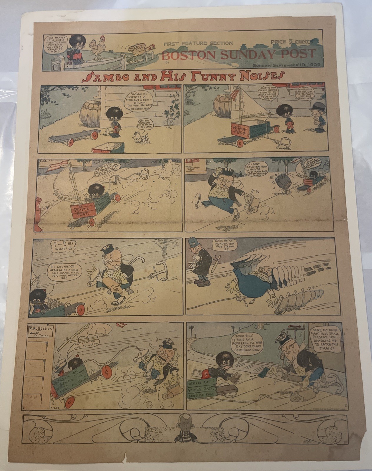 Sunday Sept. 19 1909 Boston Sunday Post Sambo Cartoon Mentioning Lusitania Trip Sunday Sept. 19 1909 Boston Sunday Post Sambo Cartoon Mentioning Lusitania Trip