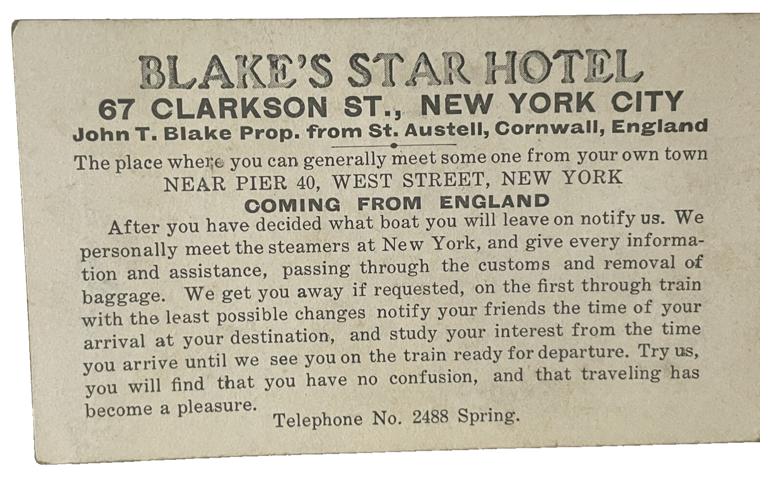 Blake's Star Hotel Advertising Card 67 Clarkson St NYC NY Travel Agent England