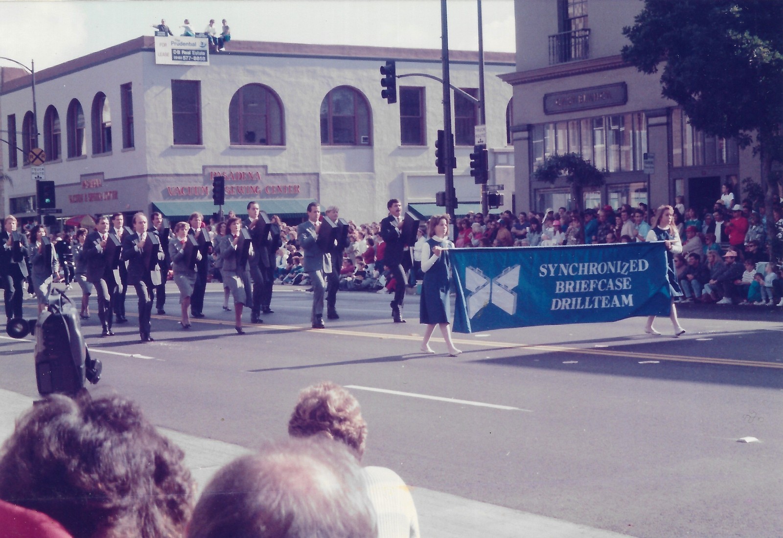 vintage color photo Pasadena Doo Dah parade briefcase Drillteam drill team