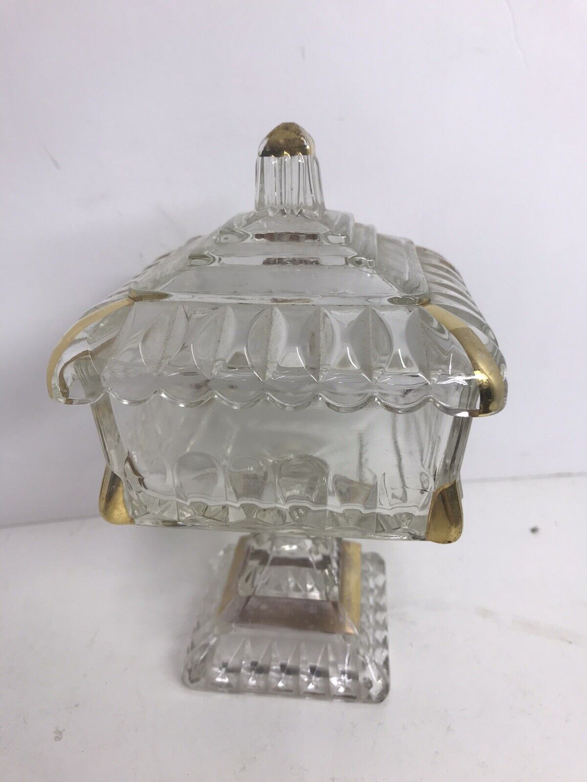 Jeannette Square Clear Glass Covered Candy Dish With Gold Trim Vintage 6 1/2”