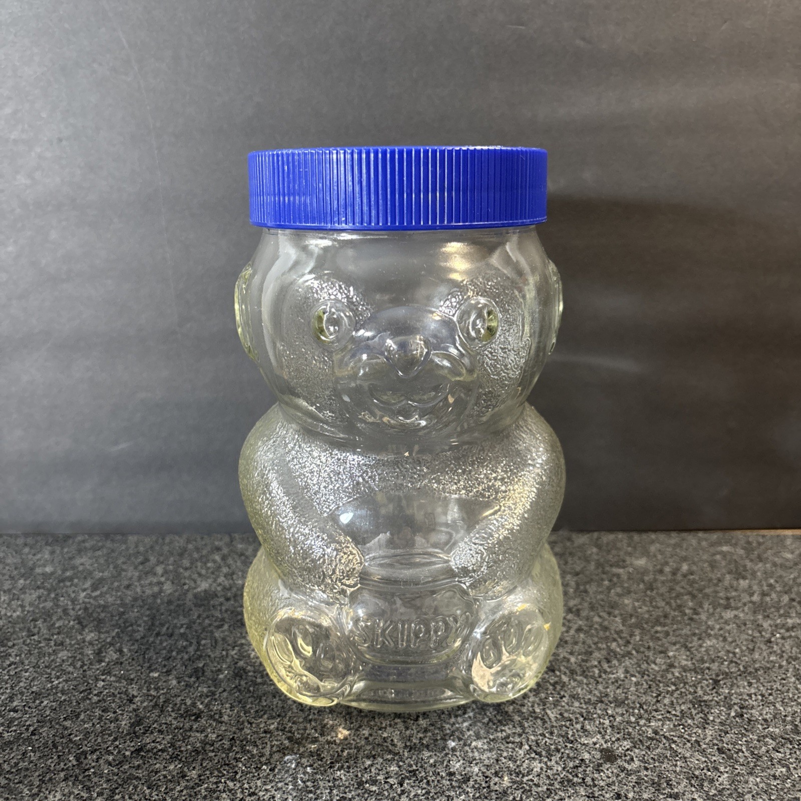 Vintage Skippy Super Chunk Peanut Butter Glass Bear Shaped Jar Collec Blue Lid Vintage Skippy Super Chunk Peanut Butter Glass Bear Shaped Jar Collec Blue Lid
