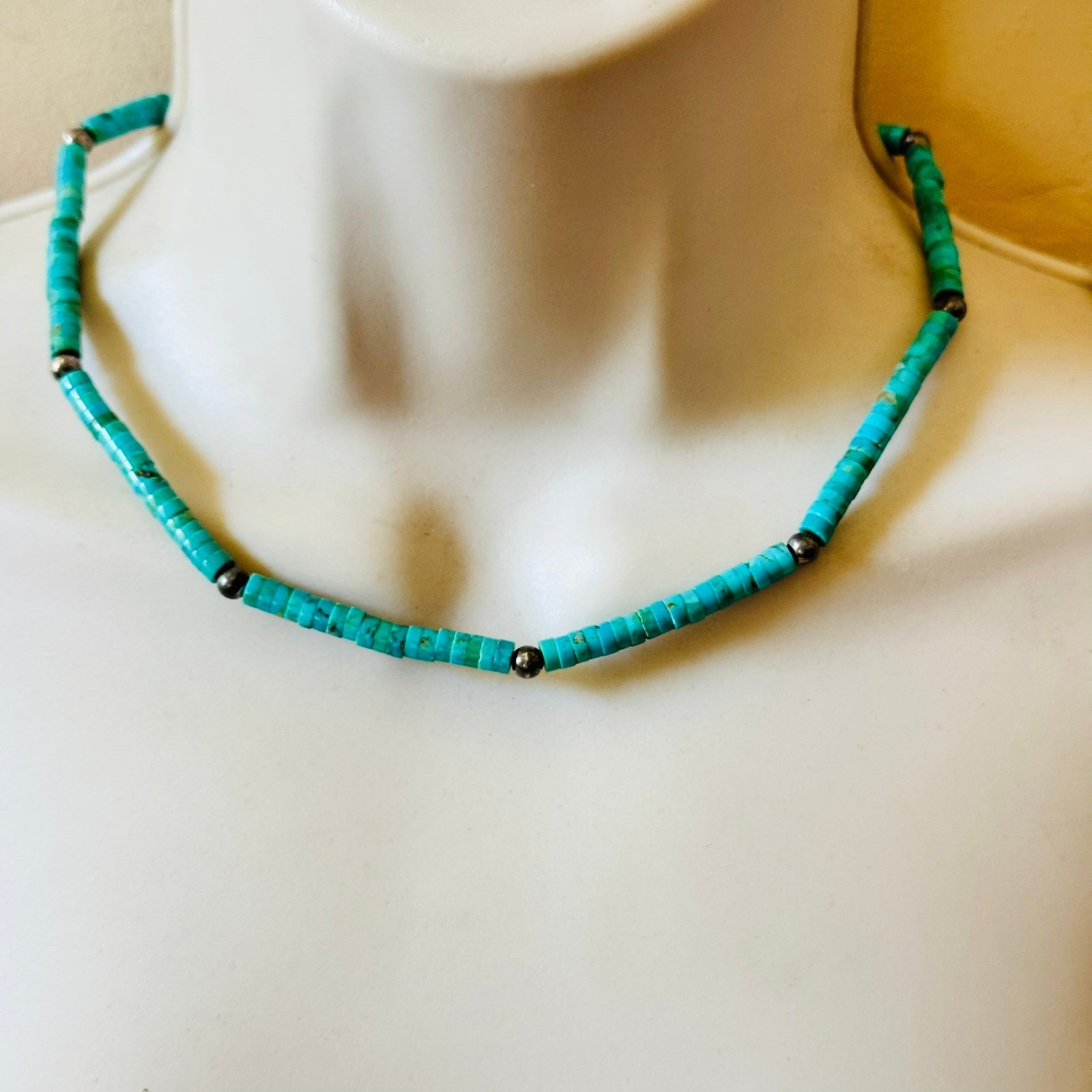 VTG Navajo Pearl Blue Heishi Turquoise Necklace Native American Silver Sterling