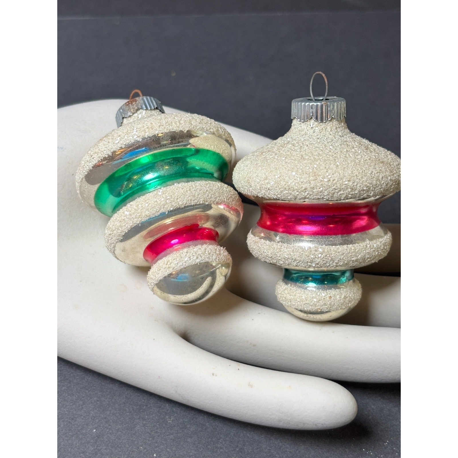2 Vintage Shiny Brite Tornado Lantern Christmas Ornaments MICA Pink Green Stripe 2 Vintage Shiny Brite Tornado Lantern Christmas Ornaments MICA Pink Green Stripe