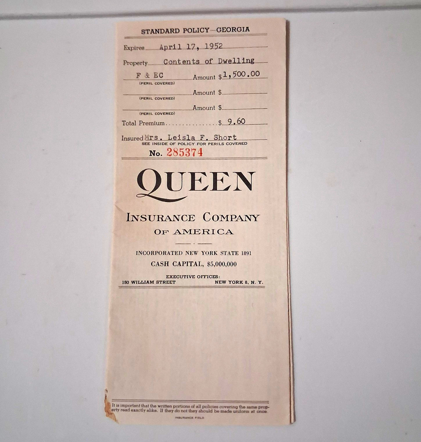 Queen Insurance Company of America Standard Policy Georgia 1951 Signed Document