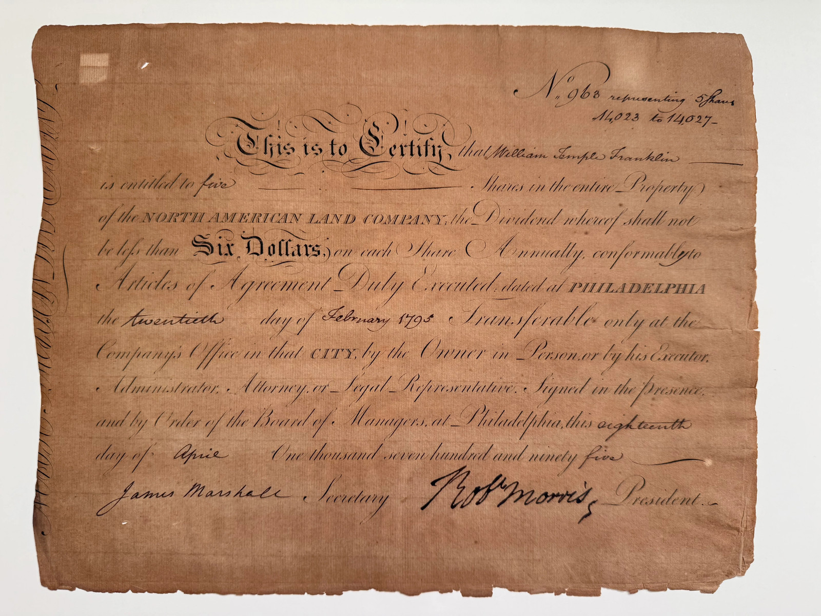 Robert Morris–Signed 1795 Land Company Certificate