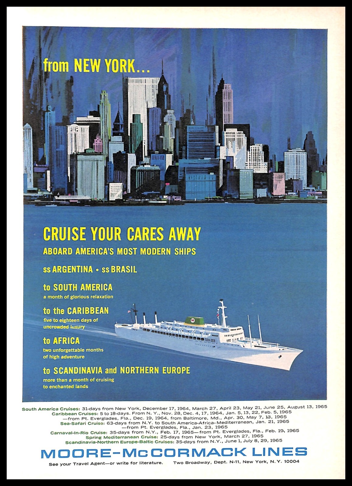 1964 Moore McCormack Lines Vintage PRINT AD Cruise Travel Ocean Liner