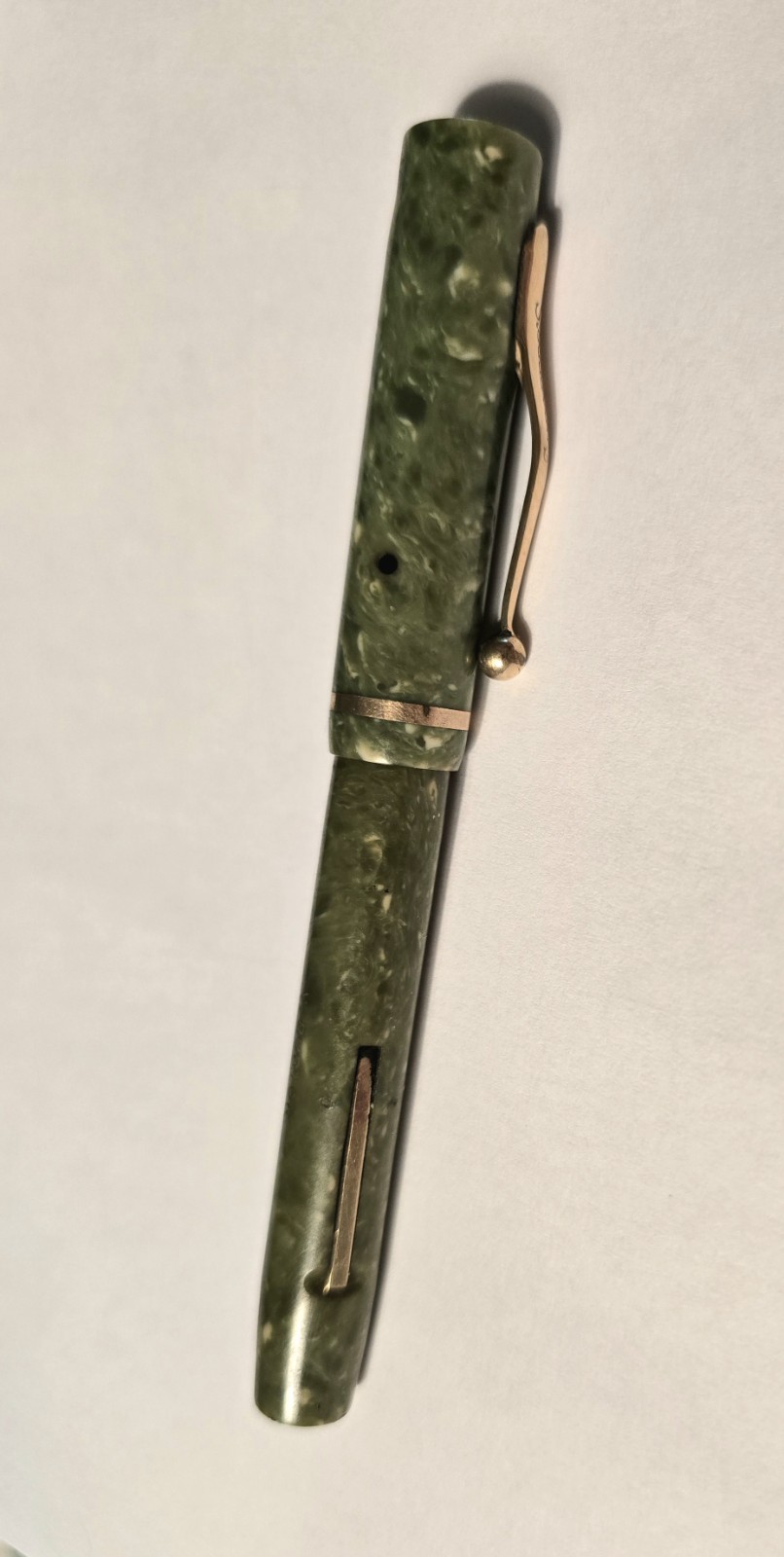  SHEAFFER\'S FOUNTAIN PEN 3 25 GREEN JADE MARBLE GOLD TRIM 14k Nib NICE 1920s Vtg