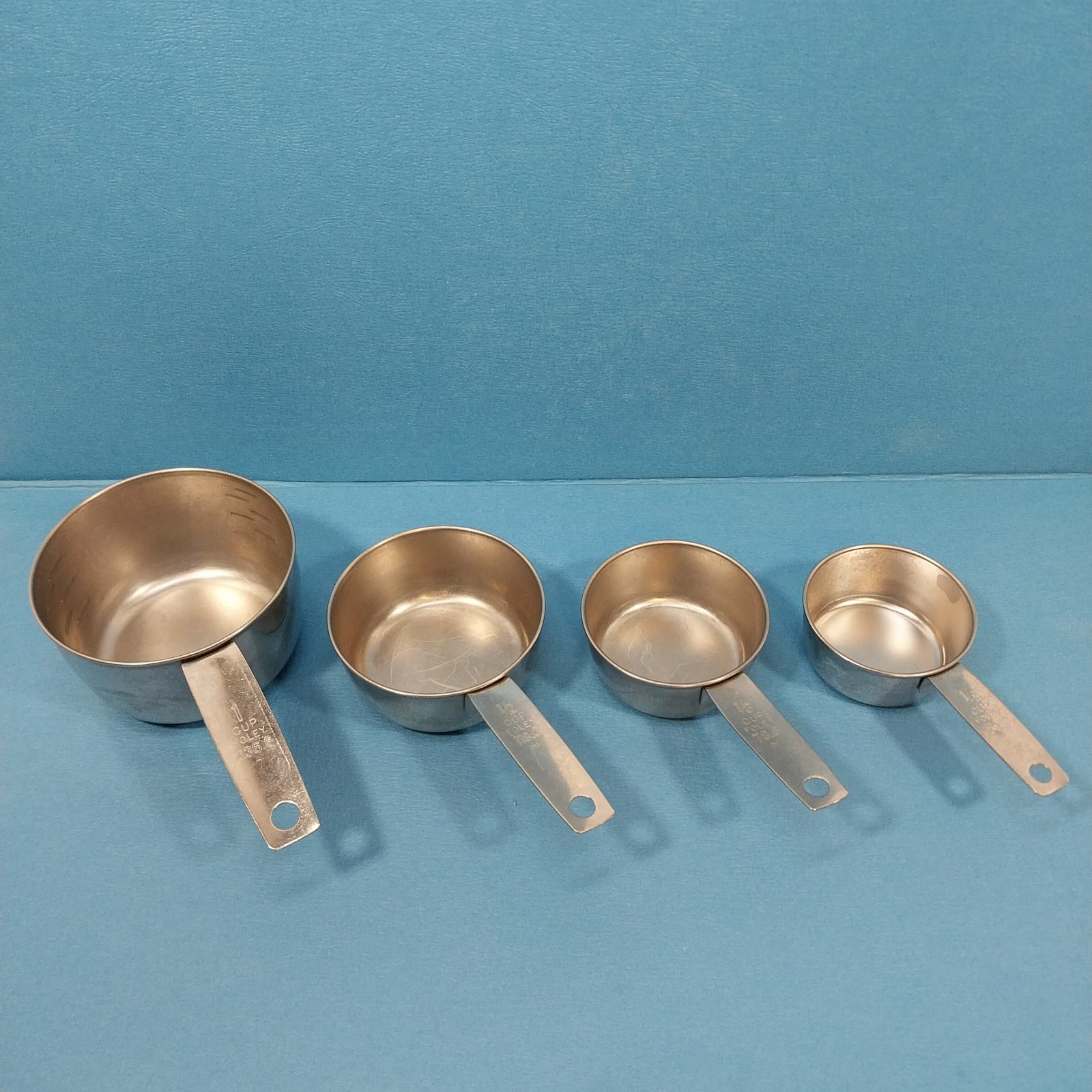 Vtg FOLEY Block Font 4 Piece Stainless Steel Measuring Cups 1/4, 1/3, 1/2, 1 Cup Vtg FOLEY Block Font 4 Piece Stainless Steel Measuring Cups 1/4, 1/3, 1/2, 1 Cup