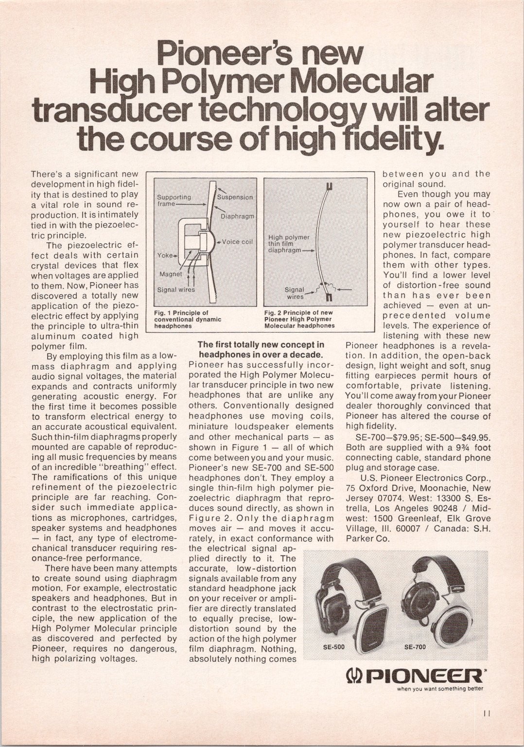 Pioneer SE-700 SE-500 High Polymer Molecular Headphones Print Ad 1974 Pioneer SE-700 SE-500 High Polymer Molecular Headphones Print Ad 1974