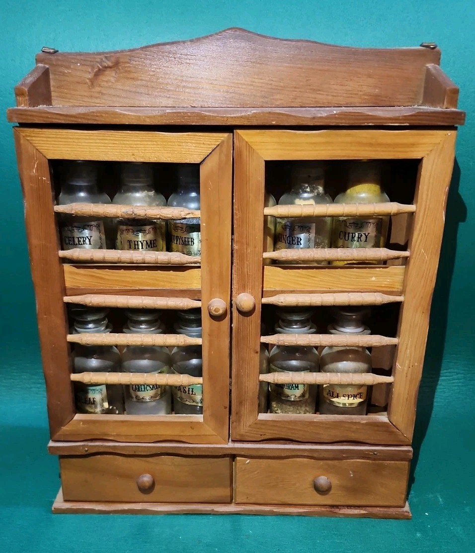 Vtg MidCentury 2 Door Spindle, 2 Drawer Spice Rack with 12 Lidded Glass Bottles Vtg MidCentury 2 Door Spindle, 2 Drawer Spice Rack with 12 Lidded Glass Bottles