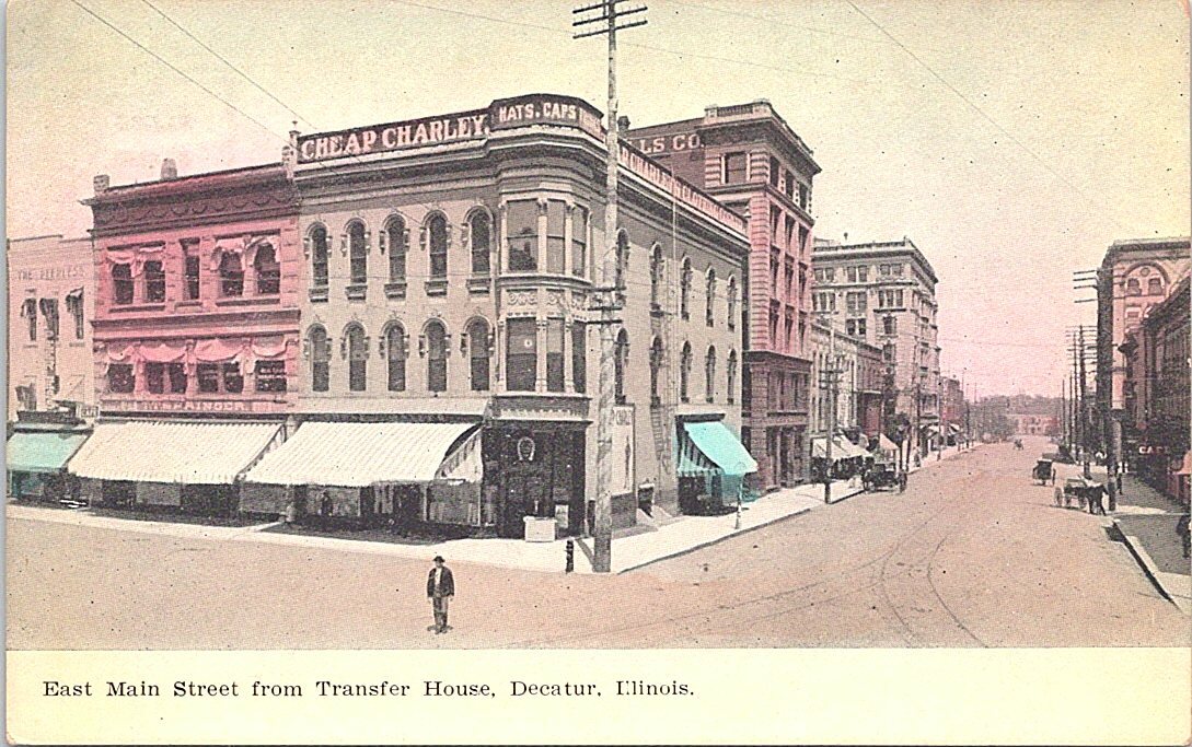 Lithograph Decatur IL Street Scene Cheap Charley Hat Store early 1900s Lithograph Decatur IL Street Scene Cheap Charley Hat Store early 1900s