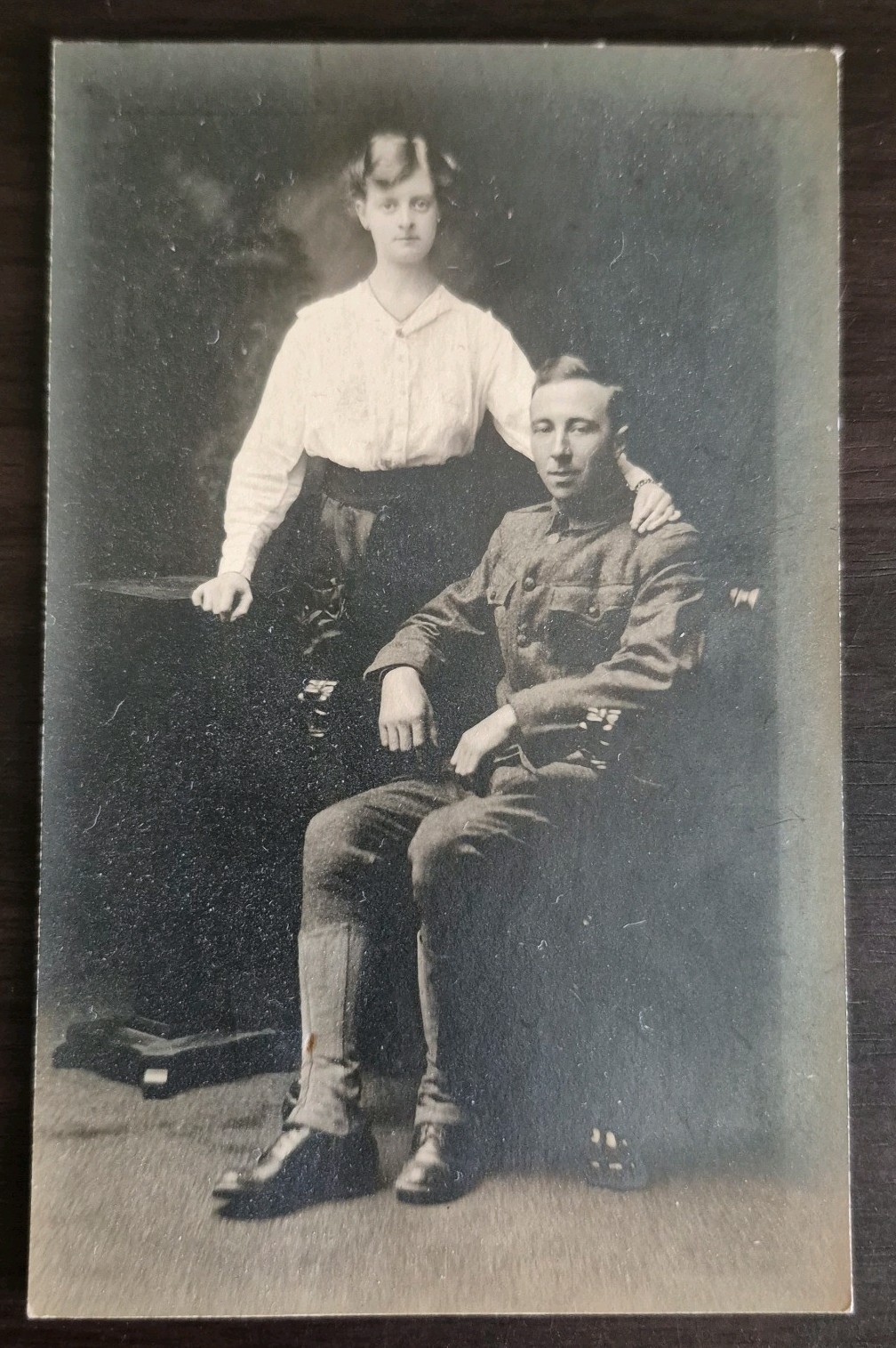 Antique RPPC Photo Postcard WWI Soldier Military Uniform & Woman AZO 1917-1918