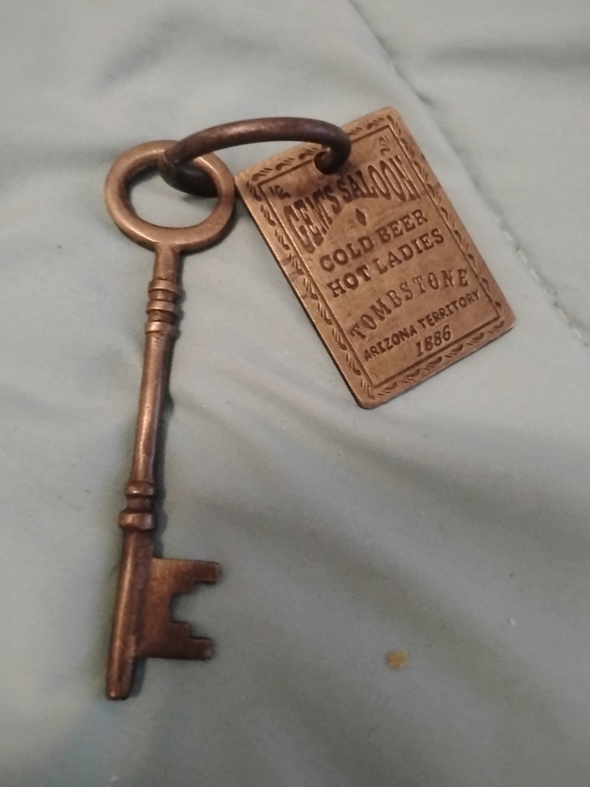 Gem's Saloon 1886 Tombstone Brothel Room Solid Brass Tag & Key W/ Antique Finish