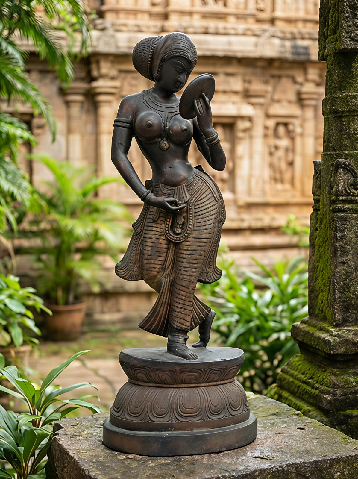 Brass Apsara Statue Lady with Mirror Vintage Style Indian Art Sculpture Home Dec