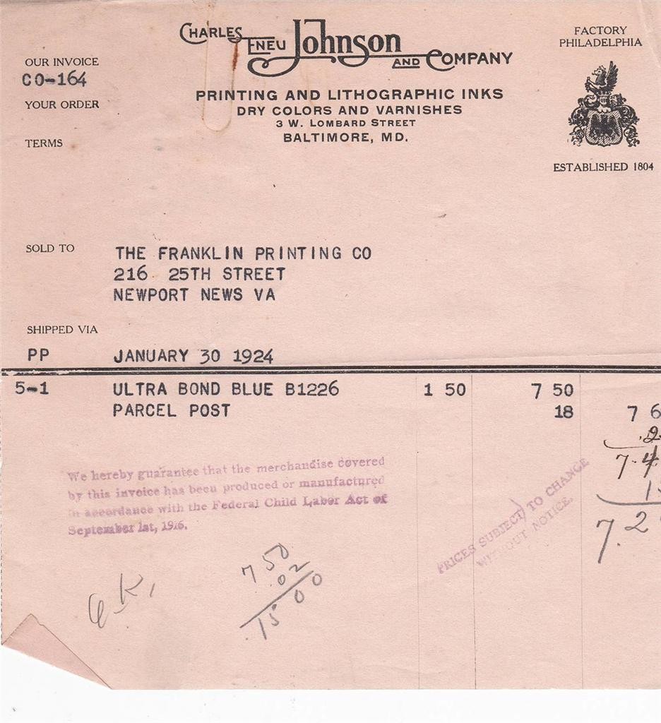 Antique Invoice Charles Eneu Johnson Printing Company Baltimore MD 1924