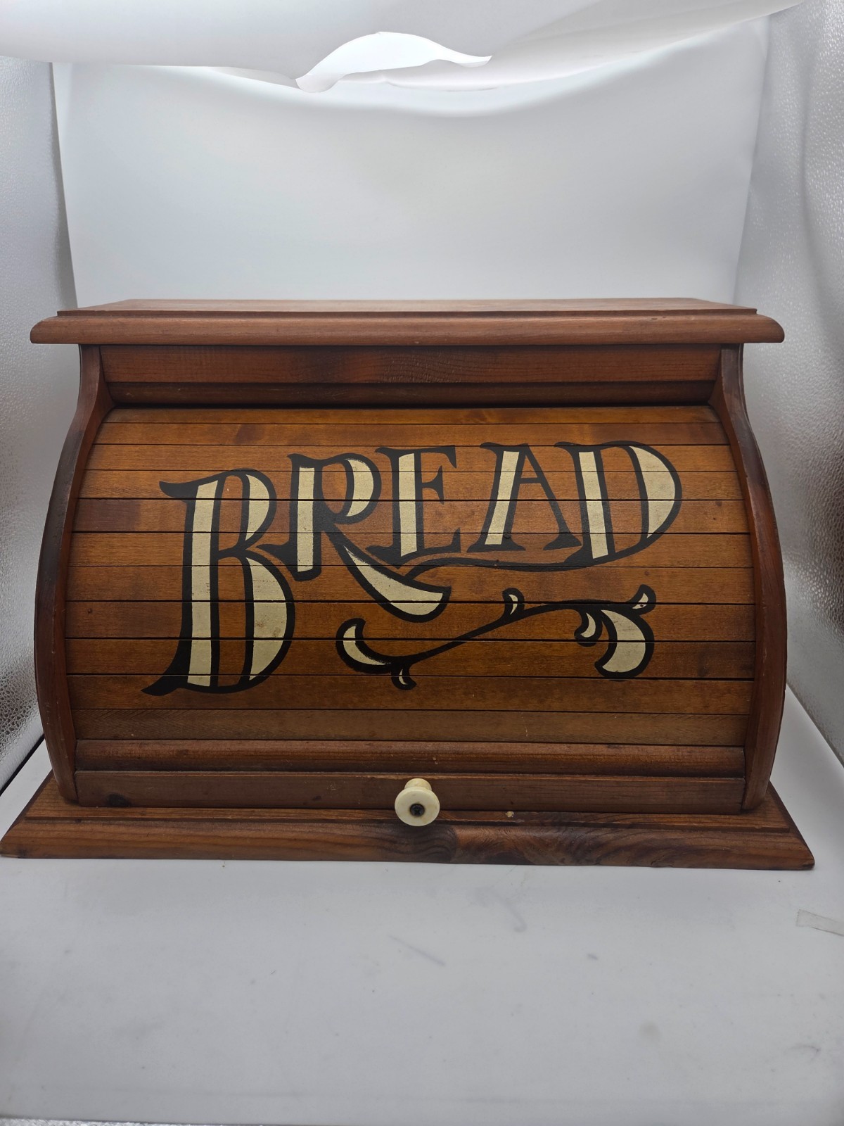 Vintage Wooden Bread Box with Roll-Top Lid and 'BREAD' Lettering Vintage Wooden Bread Box with Roll-Top Lid and 'BREAD' Lettering