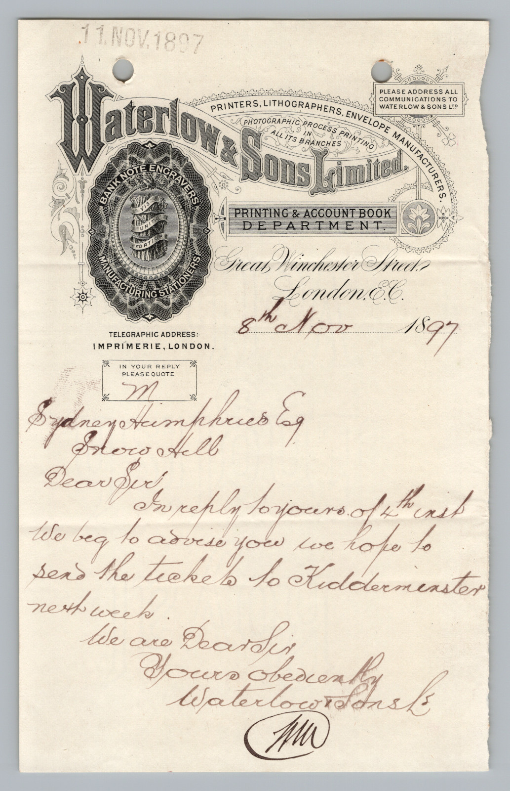 Antique Letterhead Waterlow & Sons Limited Printer London 1897
