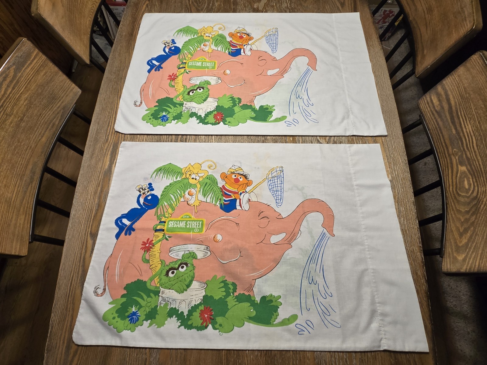 Vintage 1970s Sesame Street JUNGLE SAFARI 2 Pillowcase Set Big Bird Oscar Ernie