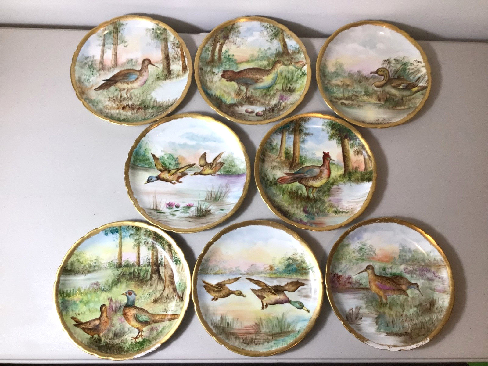 Antique J.P.L Jean Pouyat Limoges France Hand Painted Plates Birds Deco Set Of 8 Antique J.P.L Jean Pouyat Limoges France Hand Painted Plates Birds Deco Set Of 8