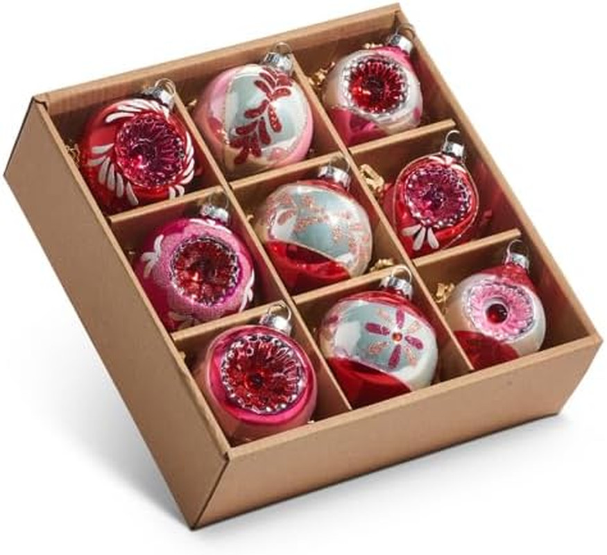 Box of Pink Vintage Ornaments, Glass, Set of 9, Christmas, Home Decor