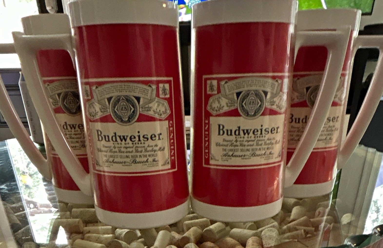 Vintage Budweiser Red & White Handled Beer Mugs/Glasses Set of 4 Breweriana