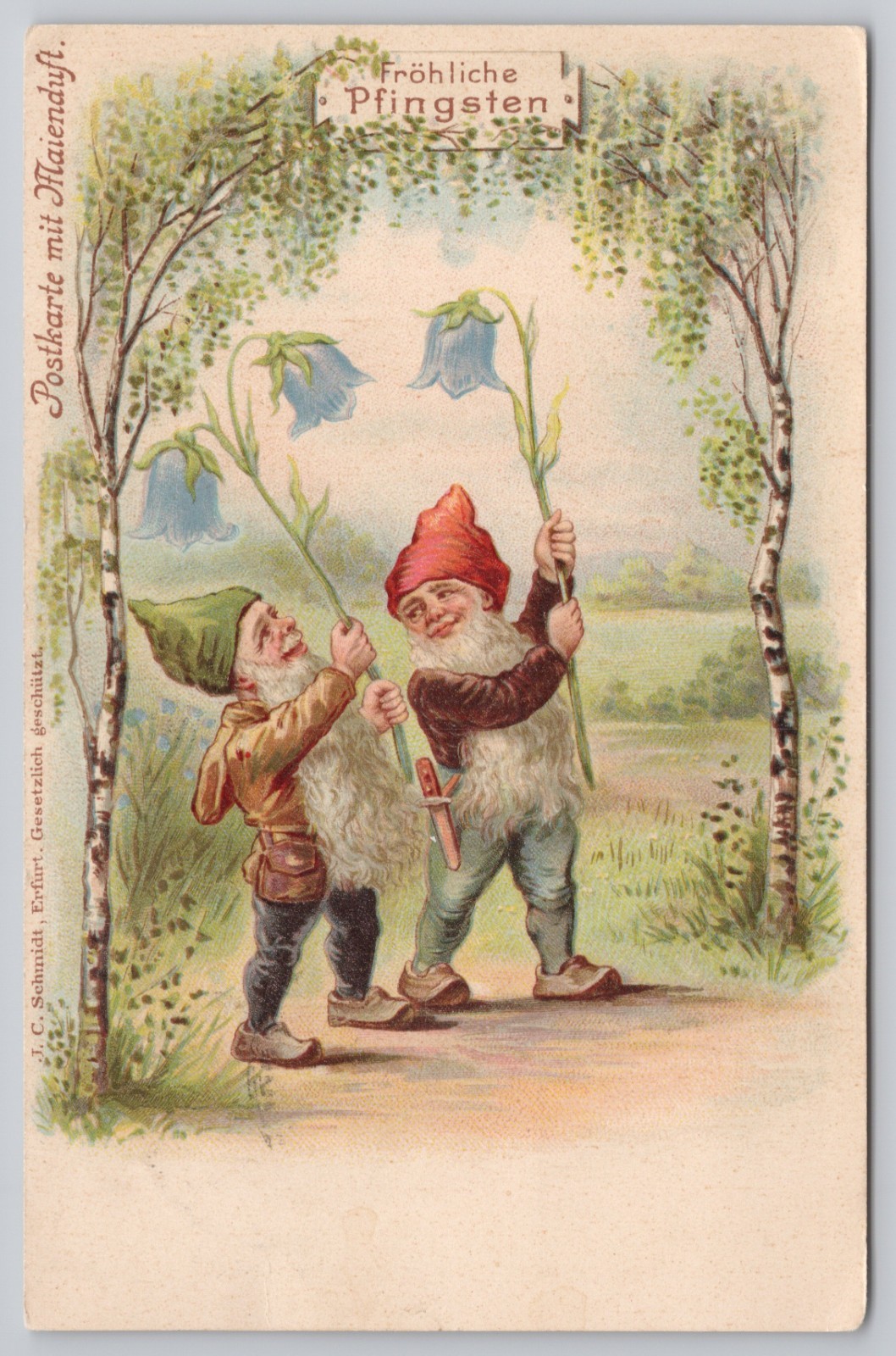 Postcard Gnomes Dwarves Bellflowers Happy Pentecost Erfurt Germany A13943