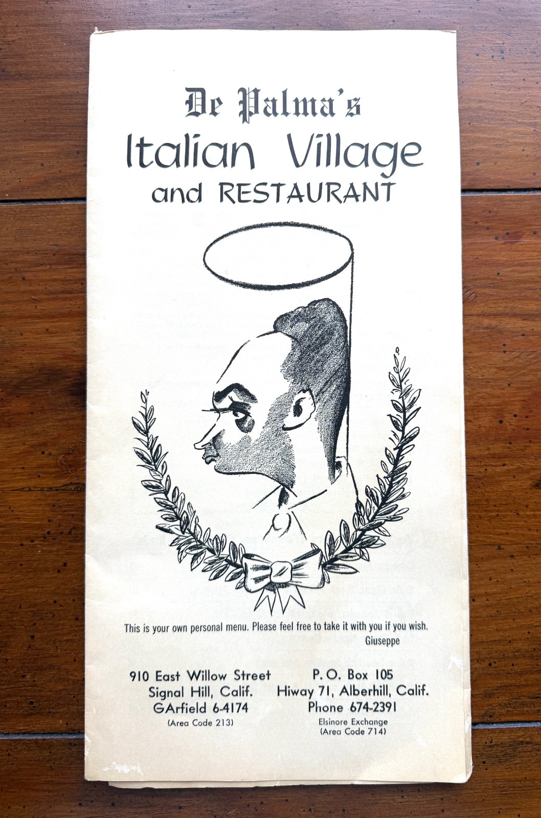 Vintage 1950s De Palmas Italian Restaurant Menu Pizza Long Beach Signal Hill CA