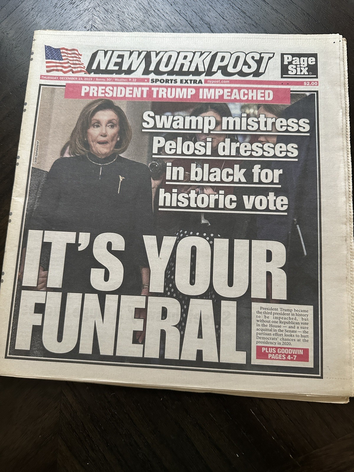 NEW YORK POST NEWSPAPER - TRUMP IMPEACHED 12-19-2019