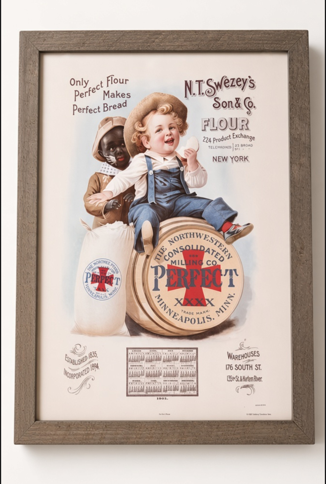 Vintage N.T. Swezey's Son & Co. Perfect Flour 1901 Calendar Poster framed