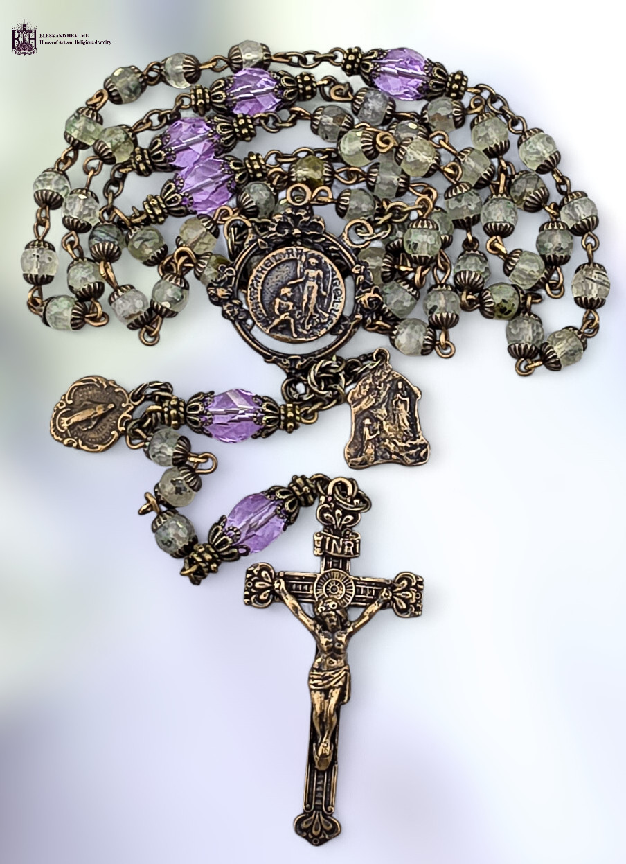 Healing Saints Archangel Raphael Lourdes Rosary - Bronze Heirloom | Prehnite