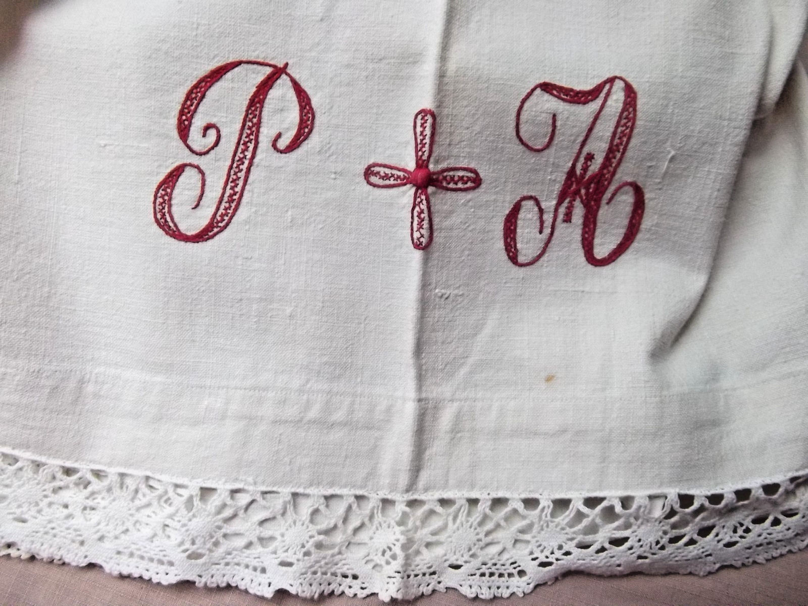 Vtg antique monogram PA French metis linen sheet 90 Vtg antique monogram PA French metis linen sheet 90