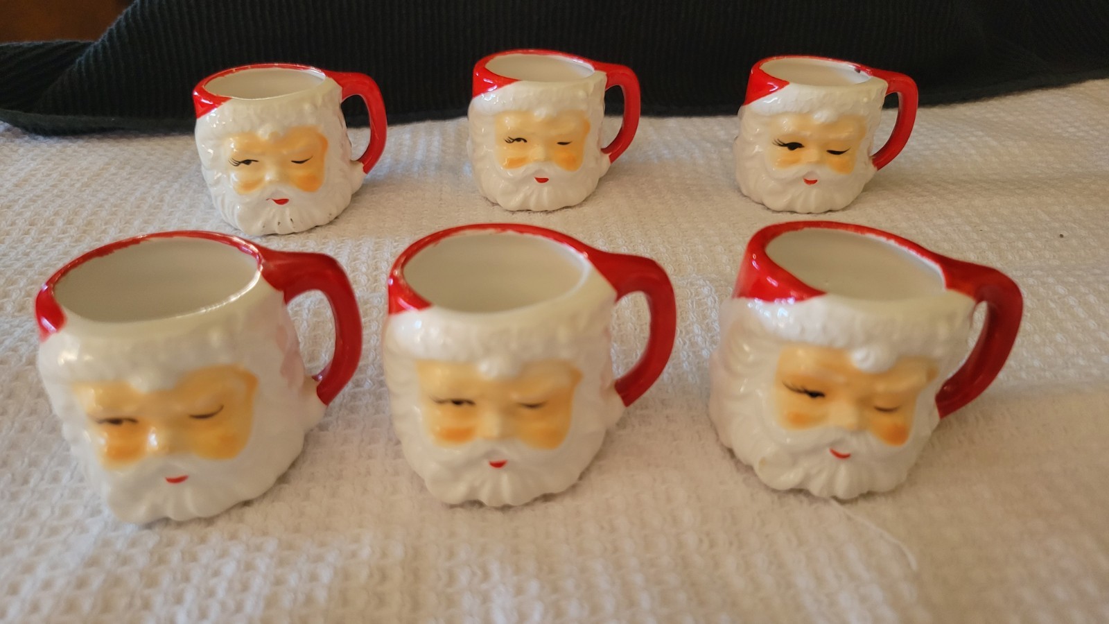 VTG MCM Christmas Kelvin\'s Winking Santa Mini Shot Mugs Set/6 Japan w/Labels
