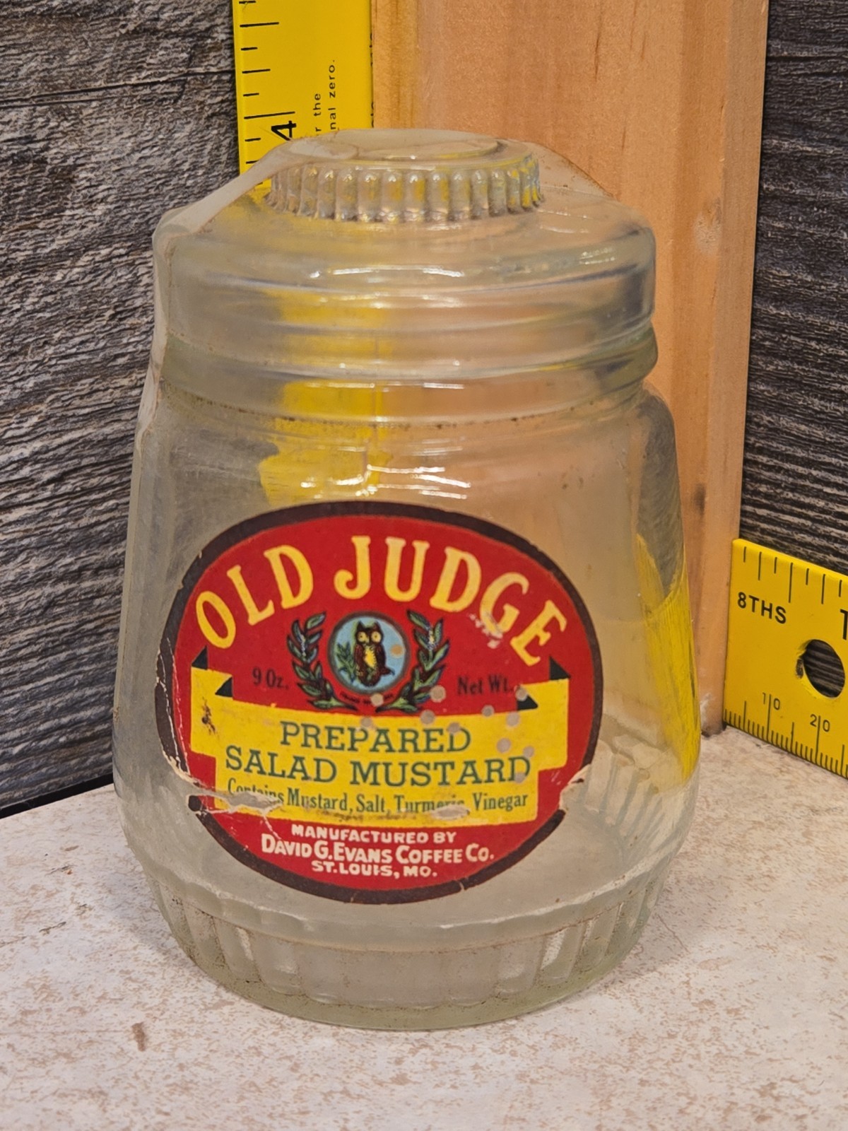 Vintage Old Judge Salad Mustard Jar 9oz., D. G. Evans Coffee Co, St Louis, MO Vintage Old Judge Salad Mustard Jar 9oz., D. G. Evans Coffee Co, St Louis, MO