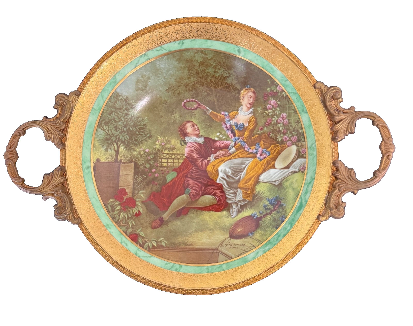Vintage L’etoile Limoges Fragonard Porcelain Handled Tray 22K Gold France